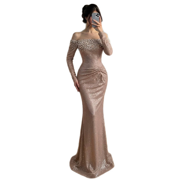 Luxury Rose Gold Off Shoulder Pearl Long Sleeve Mermaid Dress LA73837 SERENE HILL