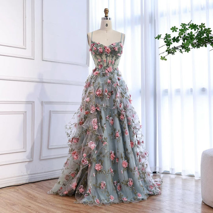 Luxury Sage Green 3D Floral Beaded A-Line Prom Dress LA73560