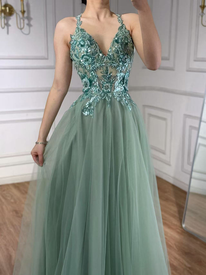 Luxury Sage Green Beaded Appliques A Line Evening Dress LA73568