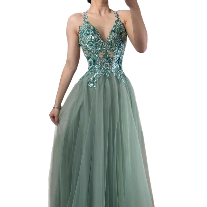 Luxury Sage Green Beaded Appliques A Line Evening Dress LA73568