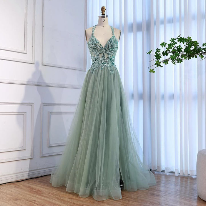 Luxury Sage Green Beaded Appliques A Line Evening Dress LA73568