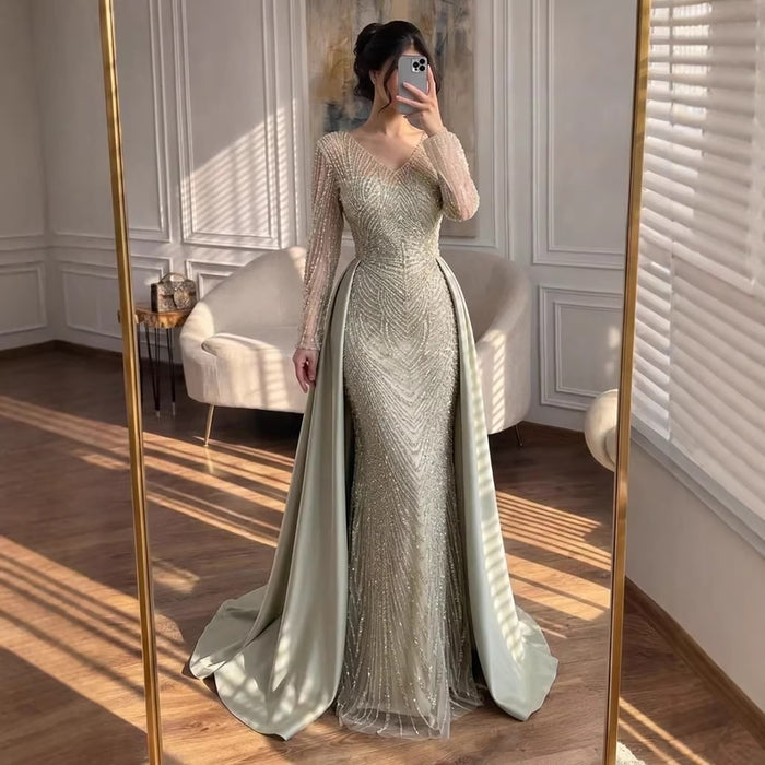 Luxury Sage Green Beaded Long Sleeve Overskirt Mermaid Dress LA73682 SERENE HILL