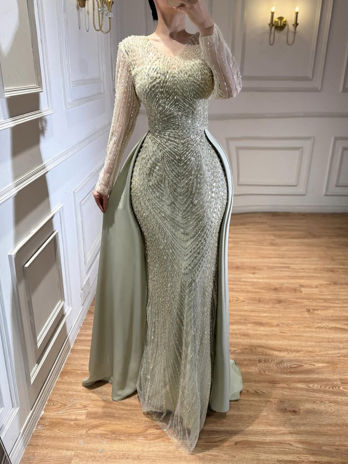 Luxury Sage Green Beaded Long Sleeve Overskirt Mermaid Dress LA73682 SERENE HILL