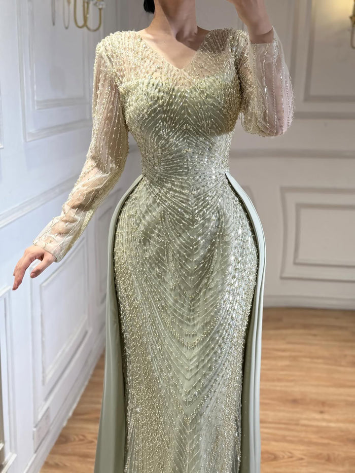 Luxury Sage Green Beaded Long Sleeve Overskirt Mermaid Dress LA73682 SERENE HILL