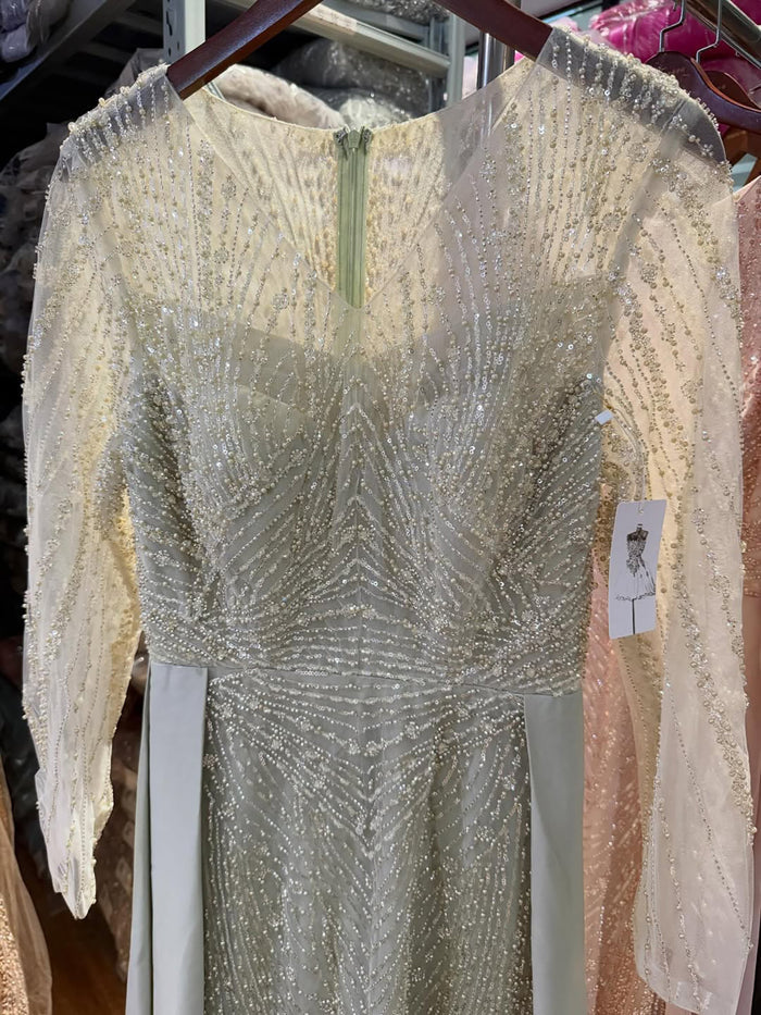 Luxury Sage Green Beaded Long Sleeve Overskirt Mermaid Dress LA73682 SERENE HILL