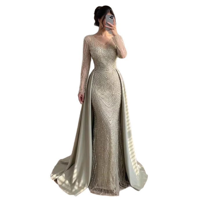 Luxury Sage Green Beaded Long Sleeve Overskirt Mermaid Dress LA73682 SERENE HILL