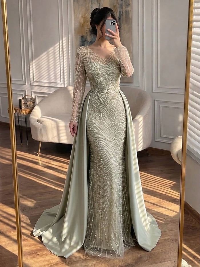 Luxury Sage Green Beaded Long Sleeve Overskirt Mermaid Dress LA73682 SERENE HILL