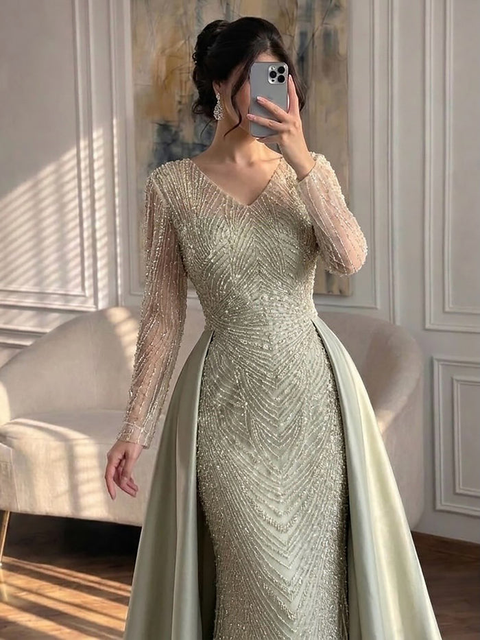 Luxury Sage Green Beaded Long Sleeve Overskirt Mermaid Dress LA73682 SERENE HILL