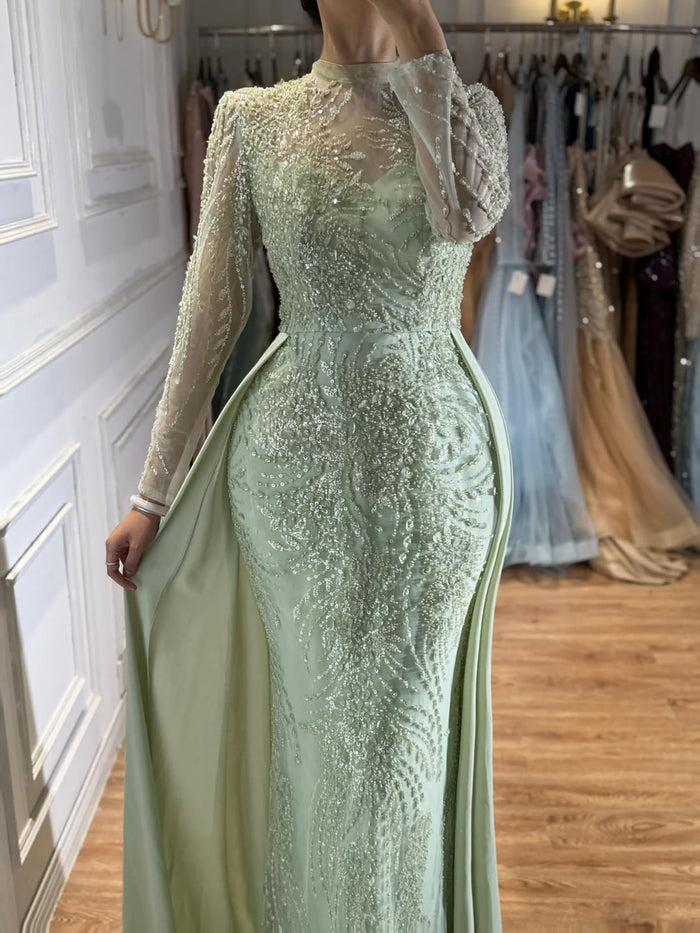 Luxury Sage Green Beaded Mermaid Dress with Overskirt LA73716 SERENE HILL
