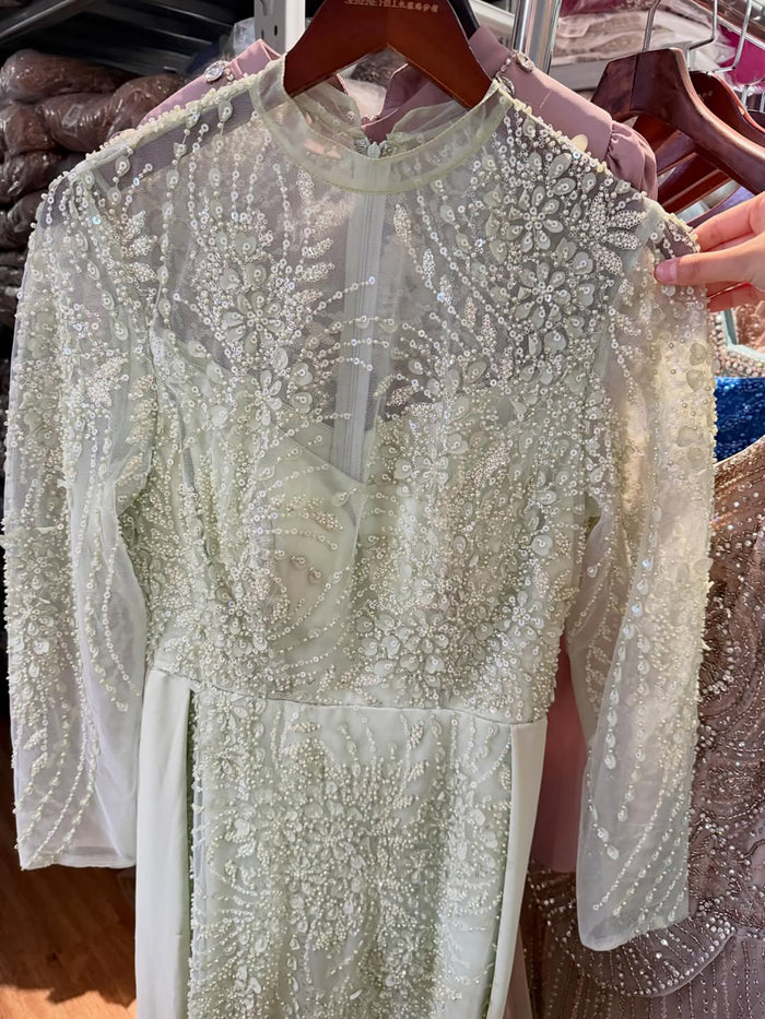 Luxury Sage Green Beaded Mermaid Dress with Overskirt LA73716 SERENE HILL