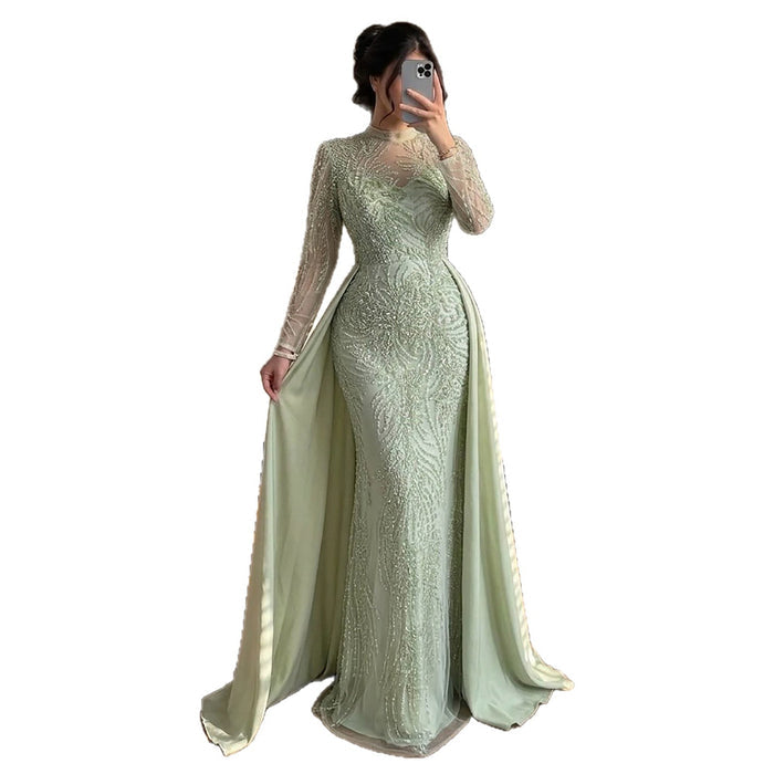 Luxury Sage Green Beaded Mermaid Dress with Overskirt LA73716 SERENE HILL