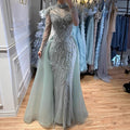 Luxury Sage Green Beaded Mermaid Evening Dress with Overskirt LA73647