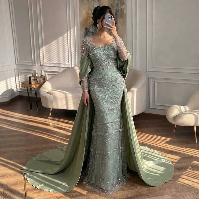 Luxury Sage Green Beaded Mermaid Evening Dress with Train LA72126C