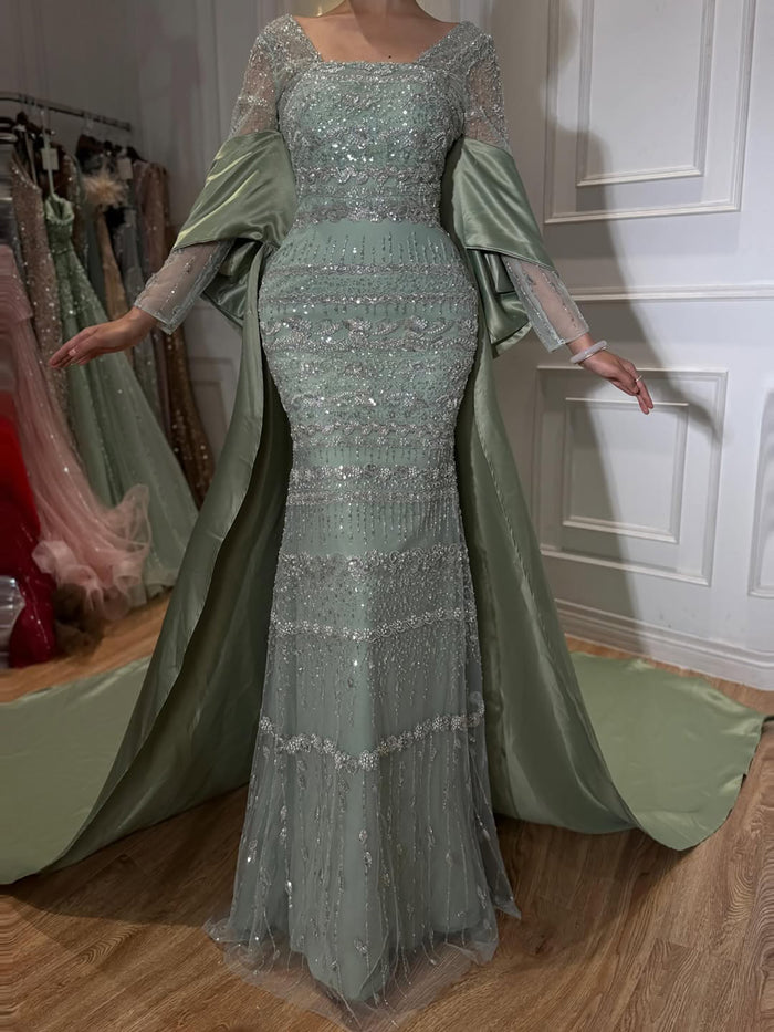 Luxury Sage Green Beaded Mermaid Evening Dress with Train LA72126C