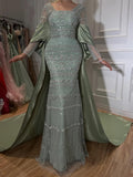 Luxury Sage Green Beaded Mermaid Evening Dress with Train LA72126C