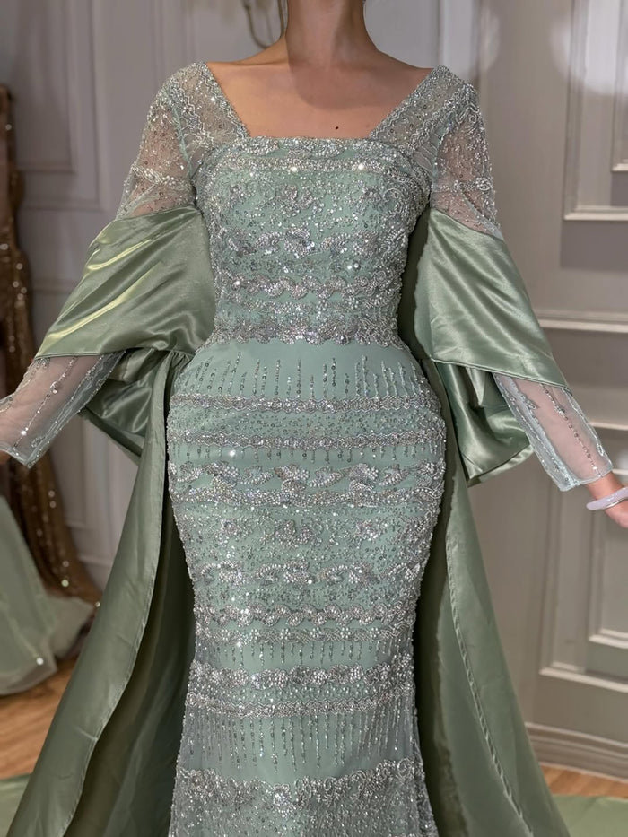 Luxury Sage Green Beaded Mermaid Evening Dress with Train LA72126C