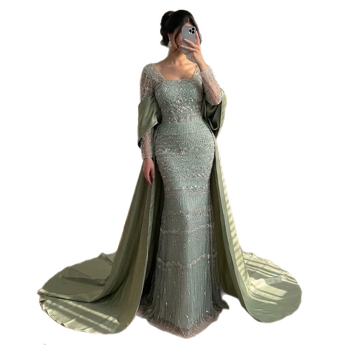 Luxury Sage Green Beaded Mermaid Evening Dress with Train LA72126C