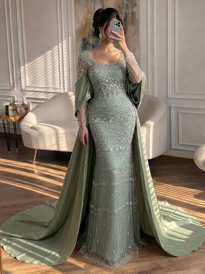 Luxury Sage Green Beaded Mermaid Evening Dress with Train LA72126C