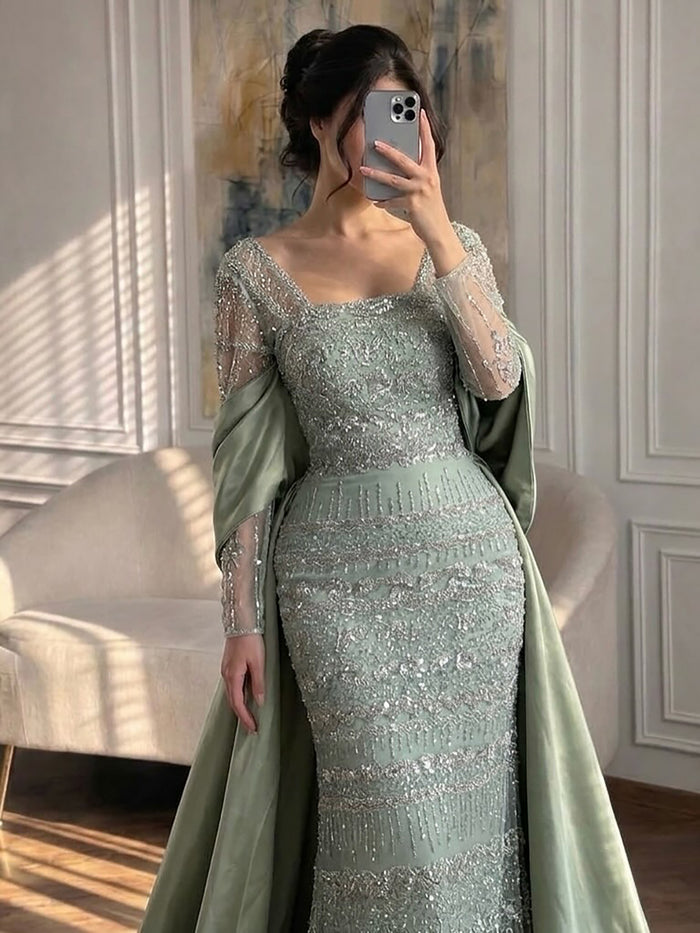 Luxury Sage Green Beaded Mermaid Evening Dress with Train LA72126C