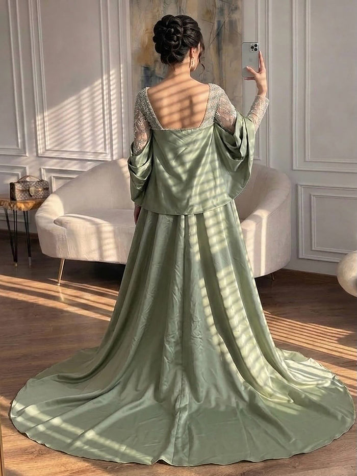 Luxury Sage Green Beaded Mermaid Evening Dress with Train LA72126C