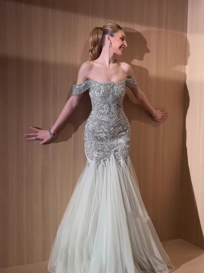 Luxury Sage Green Beaded Off Shoulder Mermaid Evening Dress LA73706