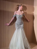 Luxury Sage Green Beaded Off Shoulder Mermaid Evening Dress LA73706