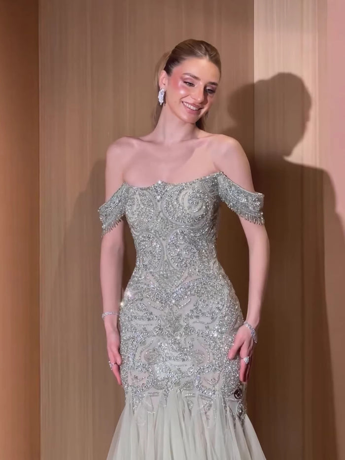 Luxury Sage Green Beaded Off Shoulder Mermaid Evening Dress LA73706