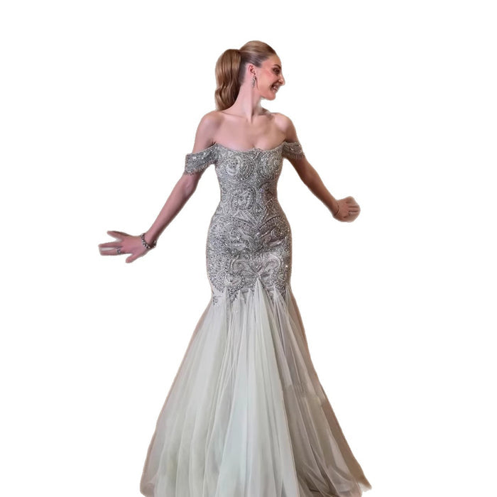 Luxury Sage Green Beaded Off Shoulder Mermaid Evening Dress LA73706