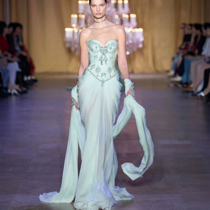 Luxury Sage Green Crystal Beaded Strapless Evening Dress LA73763 SERENE HILL