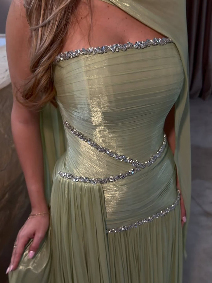 Luxury Sage Green Crystal One Shoulder Pleated Evening Dress LA73764 SERENE HILL