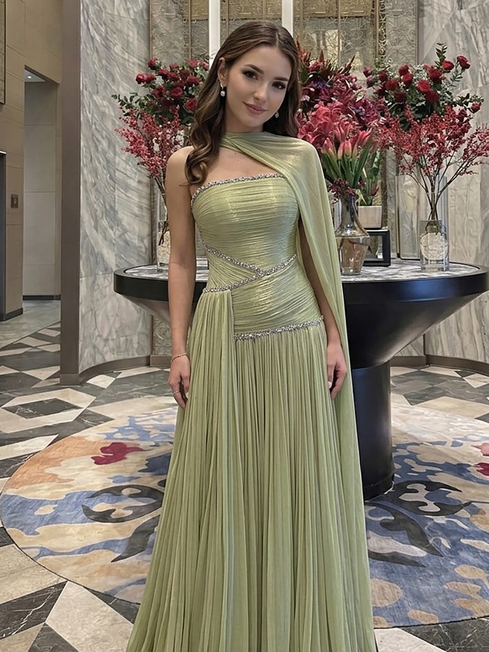 Luxury Sage Green Crystal One Shoulder Pleated Evening Dress LA73764 SERENE HILL