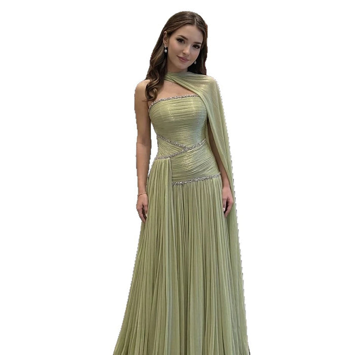 Luxury Sage Green Crystal One Shoulder Pleated Evening Dress LA73764 SERENE HILL