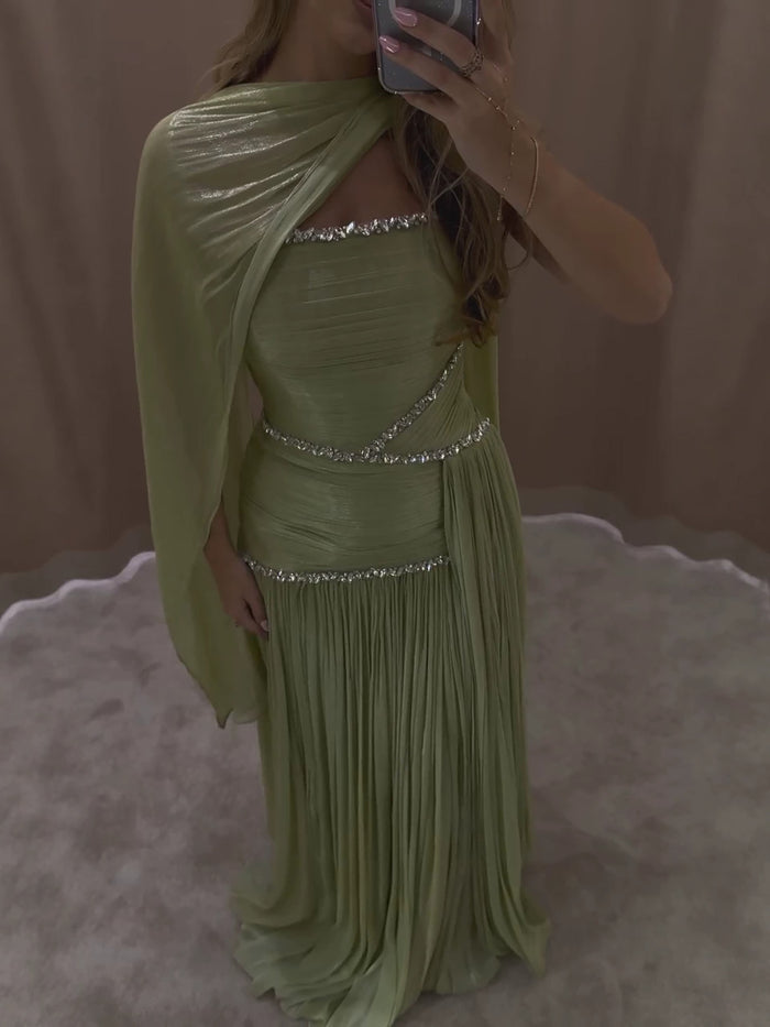 Luxury Sage Green Crystal One Shoulder Pleated Evening Dress LA73764 SERENE HILL