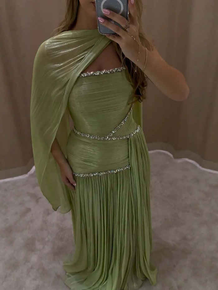 Luxury Sage Green Crystal One Shoulder Pleated Evening Dress LA73764 SERENE HILL