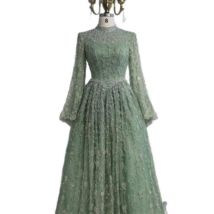 Luxury Sage Green Muslim Long Sleeve A-Line Evening Dress LA72805E - SERENE  HILL