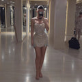 Luxury Silver Bow Detail Spaghetti Straps Beaded Evening Mini Dress LA73649