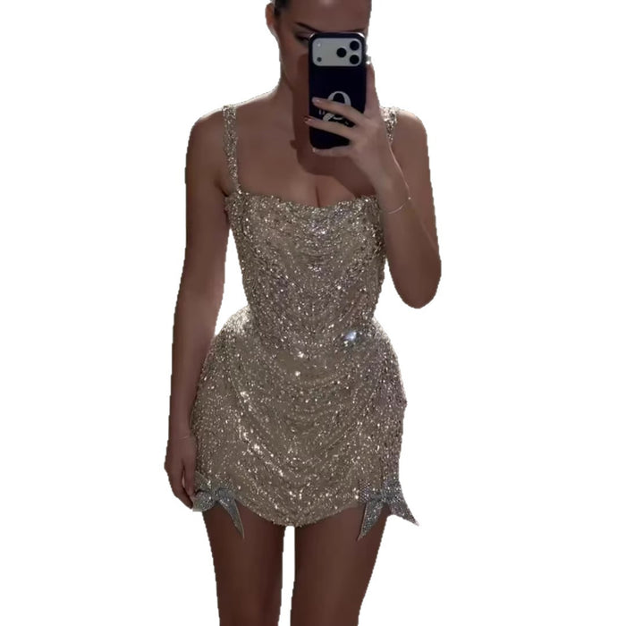 Luxury Silver Bow Detail Spaghetti Straps Beaded Evening Mini Dress LA73649