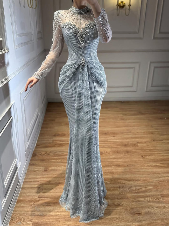 Luxury Silver Crystal Beaded Long Sleeve Evening Dress LA73167B