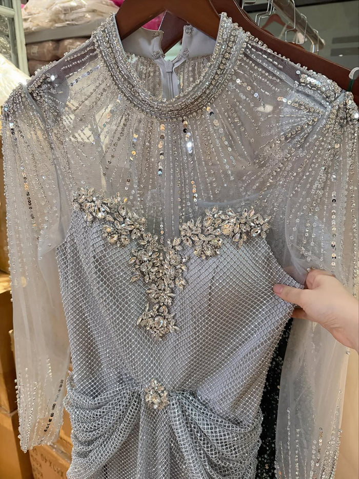 Luxury Silver Crystal Beaded Long Sleeve Evening Dress LA73167B