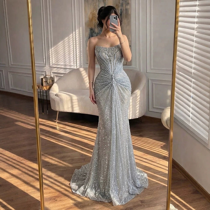 Luxury Silver Gray Beaded Crystal Strapless Evening Dress LA72905B SERENE HILL