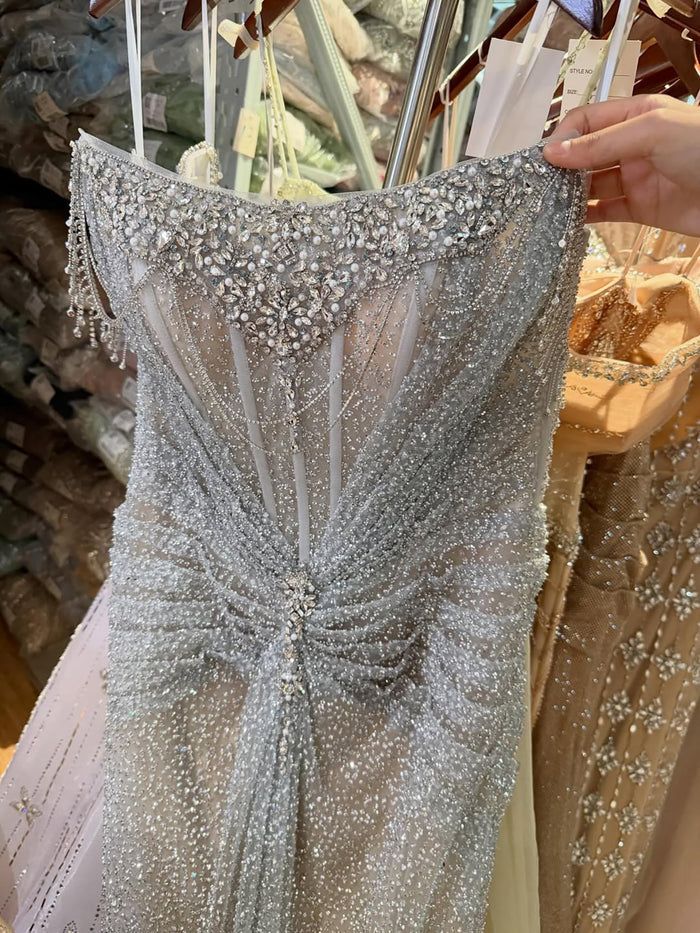 Luxury Silver Gray Beaded Crystal Strapless Evening Dress LA72905B SERENE HILL