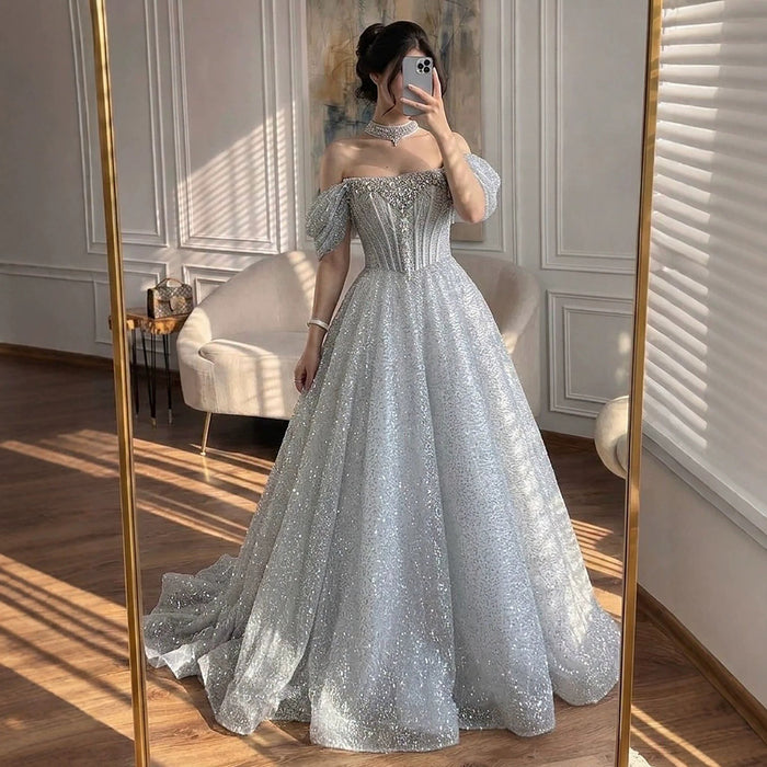 Luxury Silver Gray Strapless Beaded A Line Evening Dress with Choker LA73700