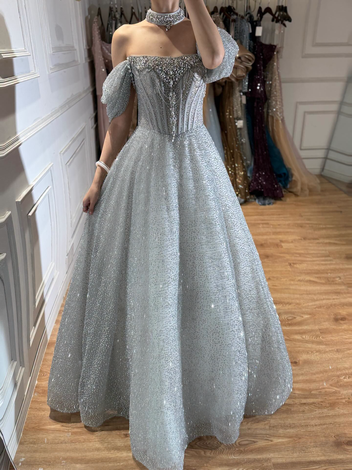 Luxury Silver Gray Strapless Beaded A Line Evening Dress with Choker LA73700