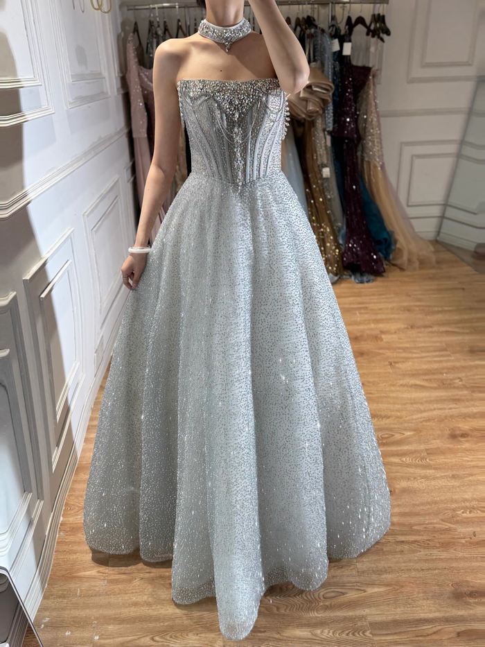 Luxury Silver Gray Strapless Beaded A Line Evening Dress with Choker LA73700