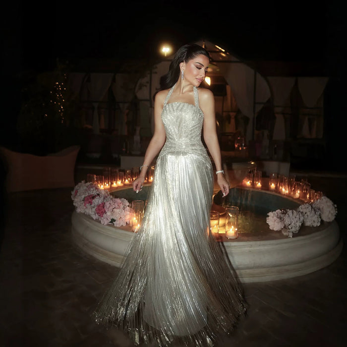 Luxury Silver Halter Beaded Shimmering Fringe Gown LA73856 SERENE HILL