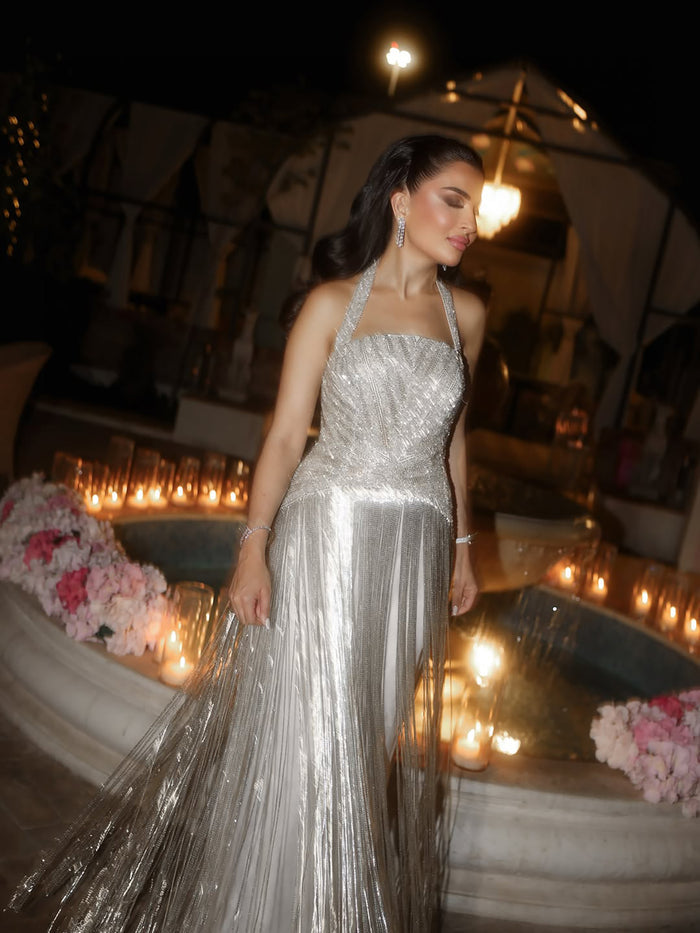 Luxury Silver Halter Beaded Shimmering Fringe Gown LA73856 SERENE HILL