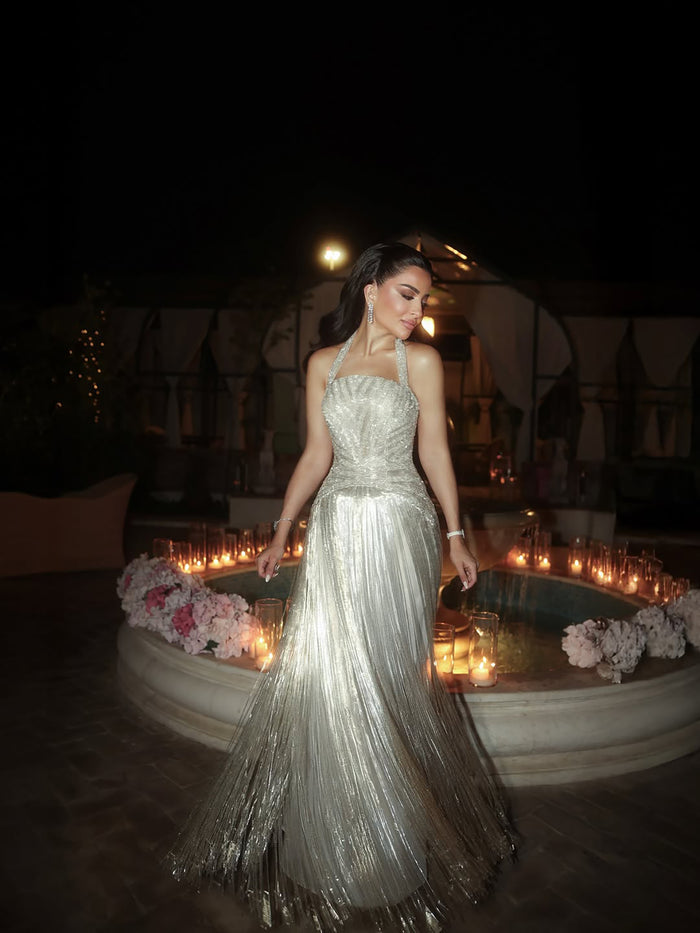 Luxury Silver Halter Beaded Shimmering Fringe Gown LA73856 SERENE HILL