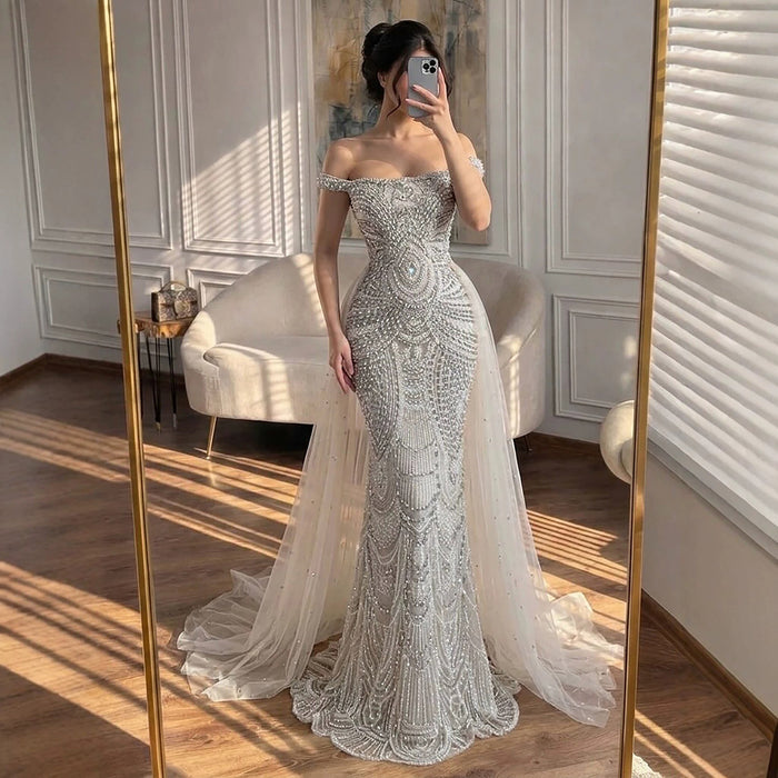 Luxury Silver Nude Crystal Beaded Mermaid Dress LA73740 SERENE HILL