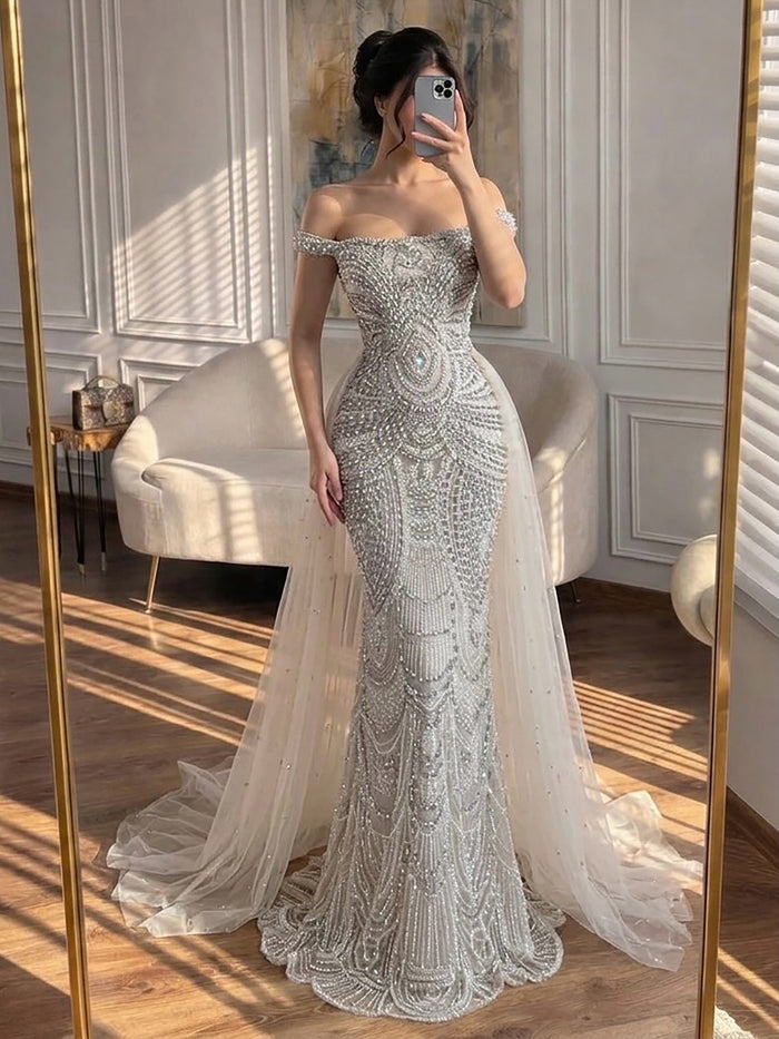 Luxury Silver Nude Crystal Beaded Mermaid Dress LA73740 SERENE HILL