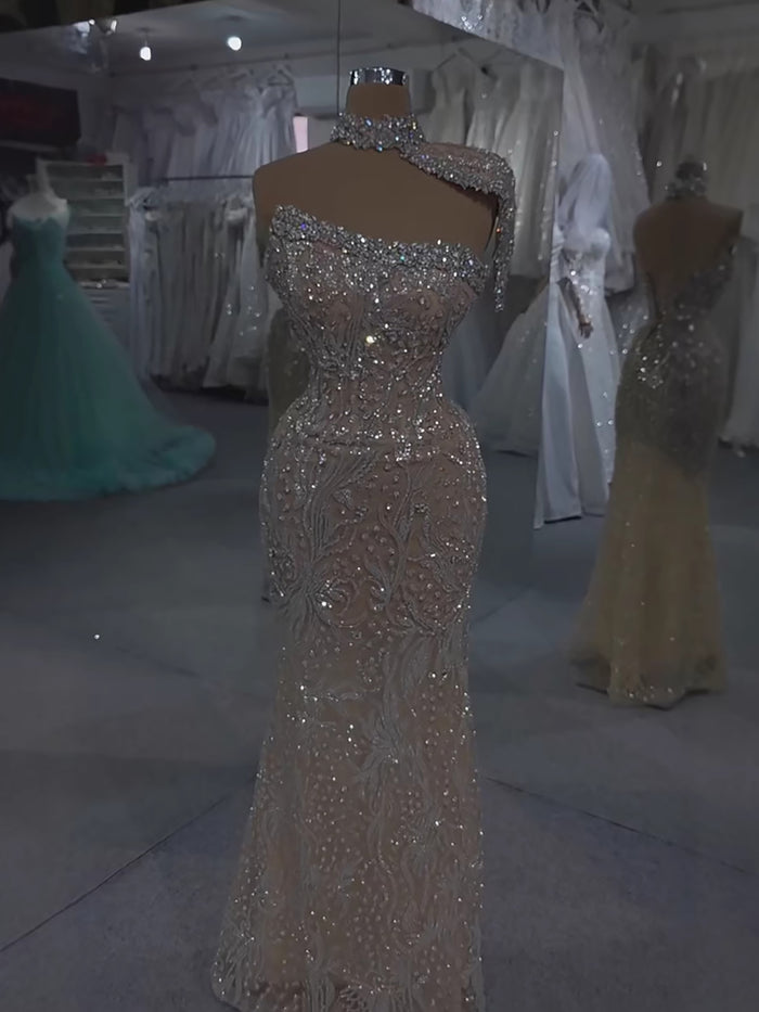 Luxury Silver Nude Crystal Beaded Mermaid Evening Dress with Cape LA73704